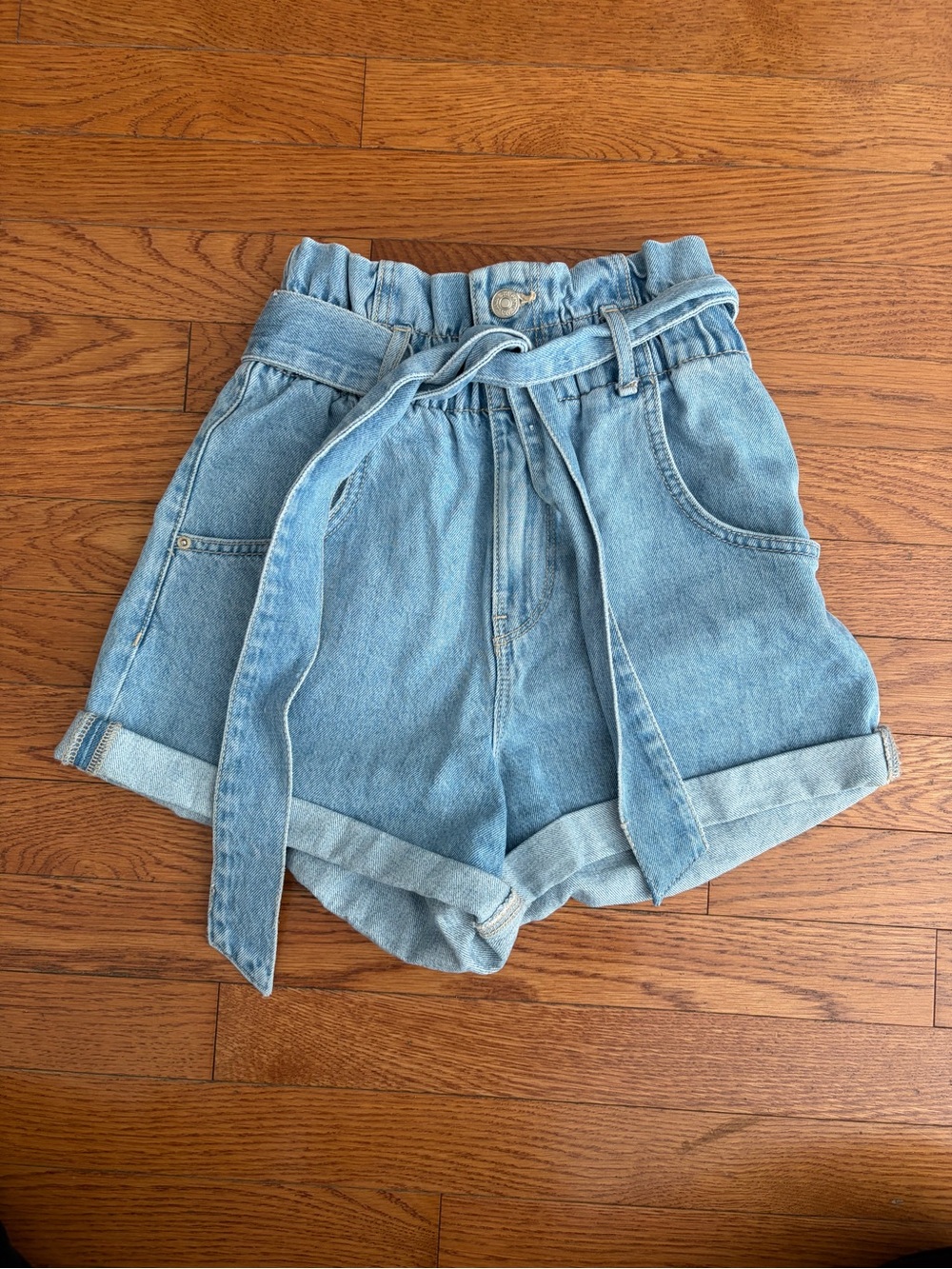 Zara Light Blue Denim Paperbag Waist Shorts with Tie